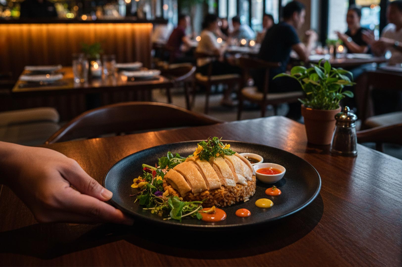 A waiter’s hand serving a gourmet plated chicken and rice dish, garnished with fresh greens and sauces, onto a wooden table in a dimly lit fine dining restaurant