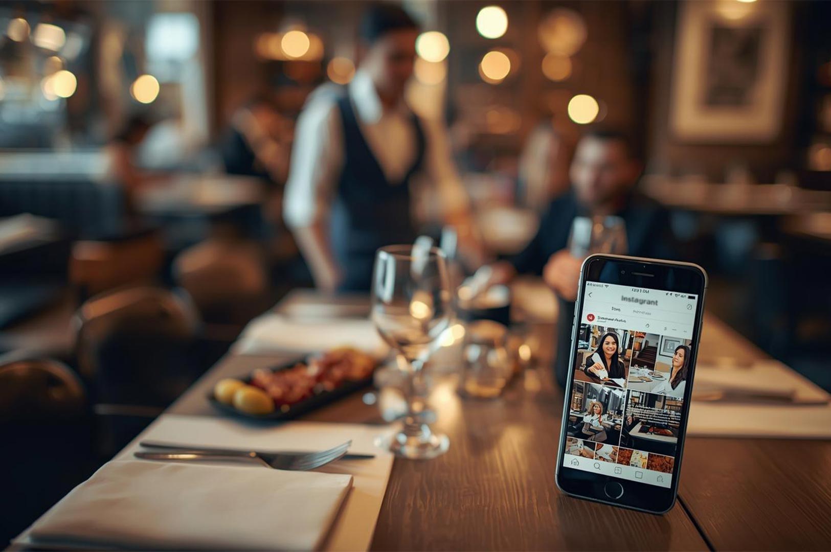Close-up of a smartphone displaying an Instagram profile grid resting on a wooden table, with a blurred background of a busy restaurant dining room.