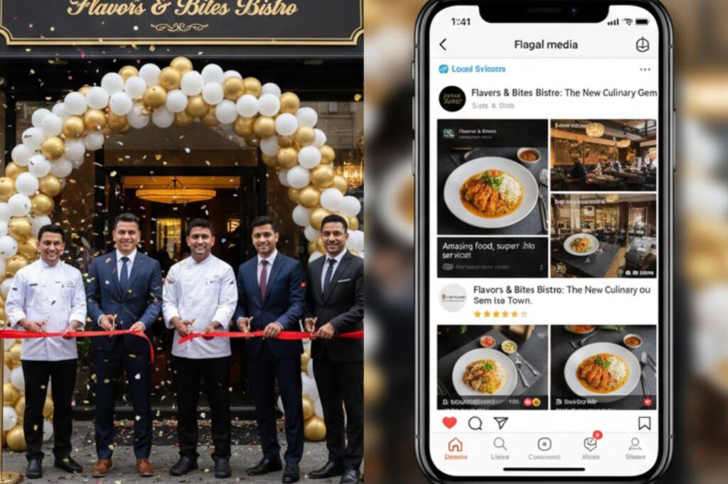 A split image showing the grand opening ribbon-cutting ceremony of a new bistro with staff and balloons, alongside a smartphone screen displaying the restaurant's social media content and food reviews.