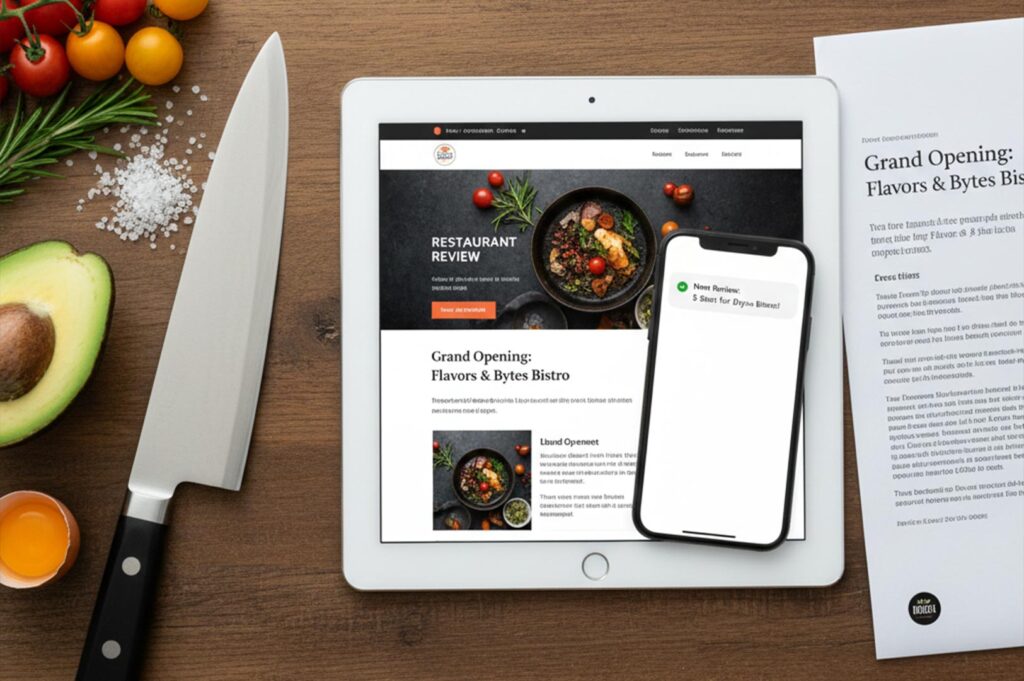 Flat lay photography featuring a tablet showing a restaurant website and a smartphone displaying a 5-star review notification, surrounded by fresh ingredients and a chef's knife on a wood surface.