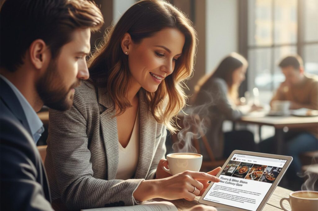 Two professionals sitting in a cafe, drinking coffee and looking at a tablet screen displaying a bistro's website and online food reviews.