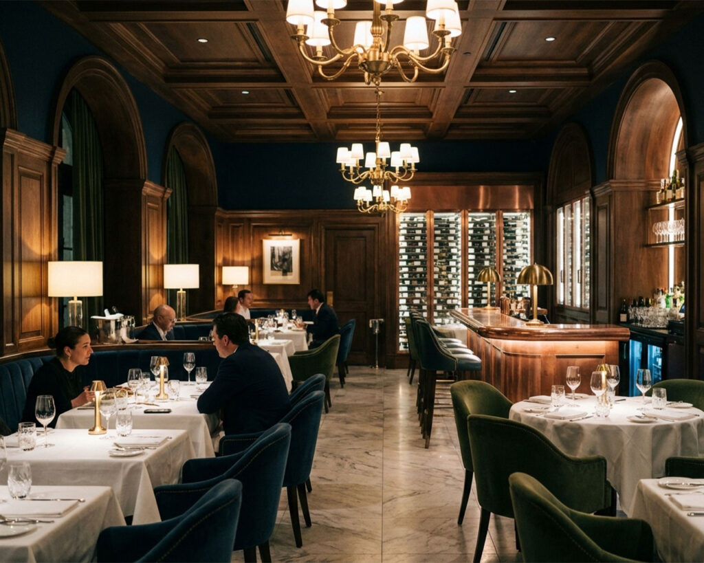 An elegant restaurant interior with ambient lighting, plush seating, and sophisticated décor, creating a luxurious and inviting dining atmosphere