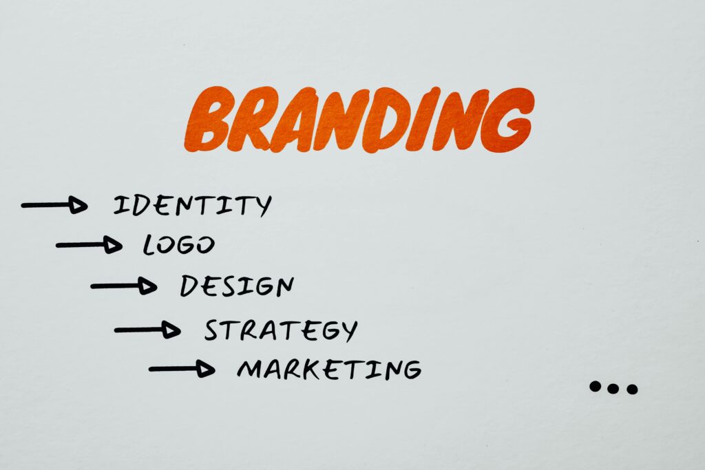 This image displays the word "BRANDING" written in bold orange. Beneath the heading, a handwritten list uses black arrows to point toward related concepts.
