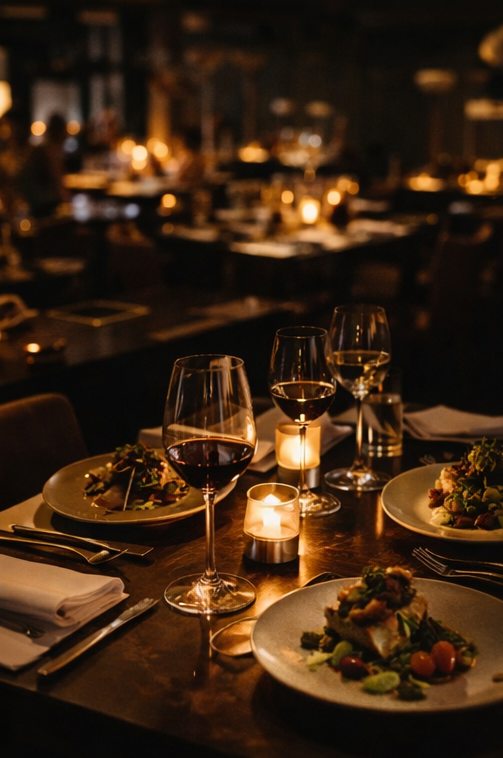 Candlelit gourmet dinner for three with red wine in a cozy, upscale restaurant setting.