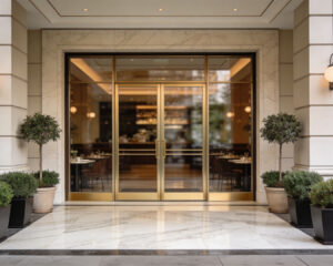Modern restaurant exterior with warm lighting and inviting signage, creating a welcoming street presence for diners.