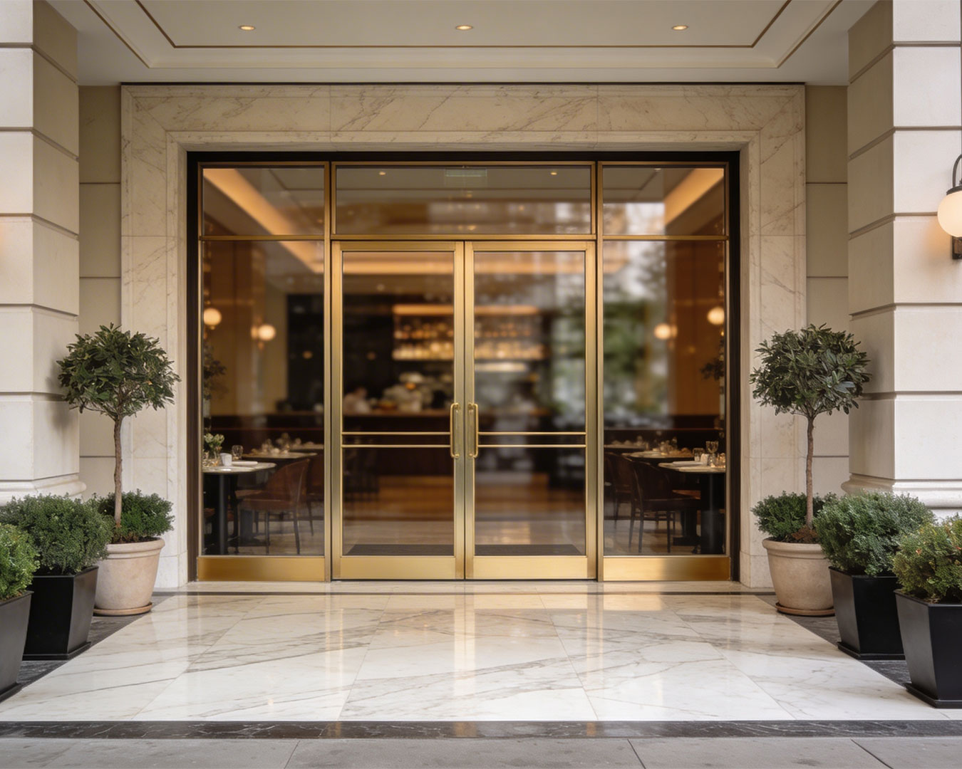 Modern restaurant exterior with warm lighting and inviting signage, creating a welcoming street presence for diners.