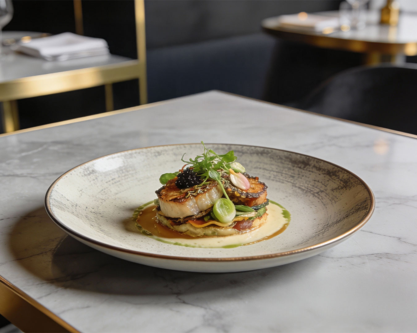 A refined restaurant dish presented on a ceramic plate, styled with delicate garnish and warm ambient lighting to highlight its texture and colour.