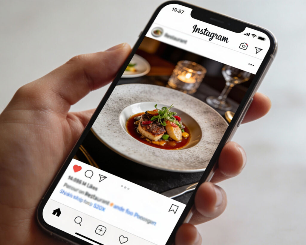 A hand holding a smartphone displaying a restaurant dish on Instagram, capturing the dining experience through a social media lens.