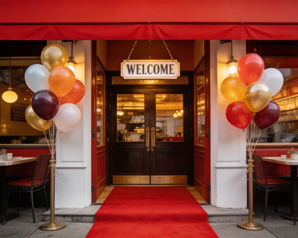 A restaurant entrance decorated with balloons and sign welcoming guests to the new dining space.