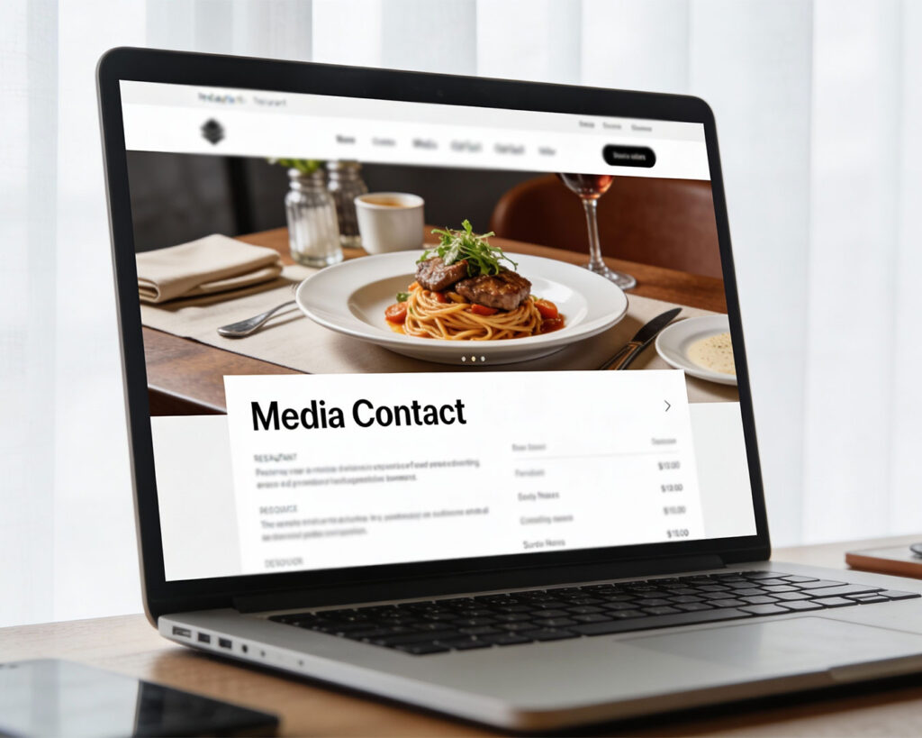 A laptop screen displaying a restaurant media content page with images and articles, suggesting press features and brand storytelling.