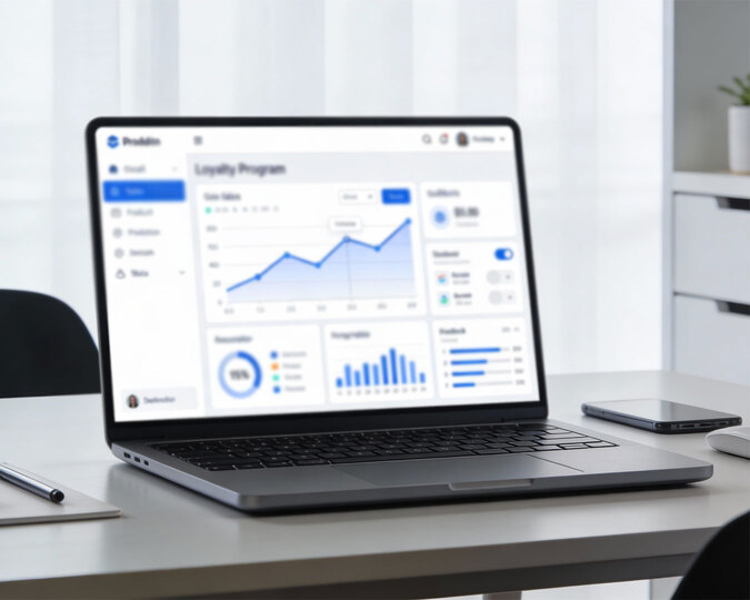 Laptop screen displaying a data graph on a desk, representing business performance and digital analysis in a workspace.