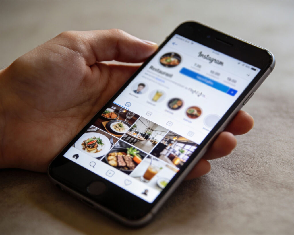 A phone screen displaying a restaurant’s Instagram page, highlighting its online presence and food photography.