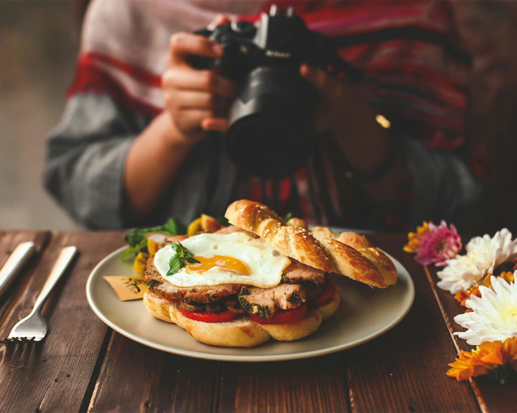 Camera capturing a plated dish from above, focusing on the presentation and colours to showcase the food in an appealing and professional way.