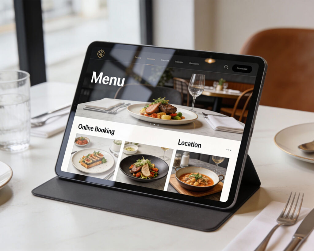 A tablet showing a restaurant website with menu options, online reservation button and map location for easy customer access.