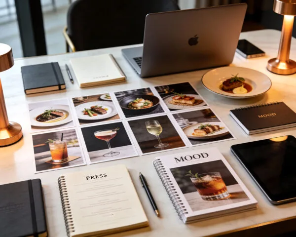 A curation of gourmet food and cocktail photography prints displayed on a desk alongside a laptop, branded notebooks, and a plated dish.