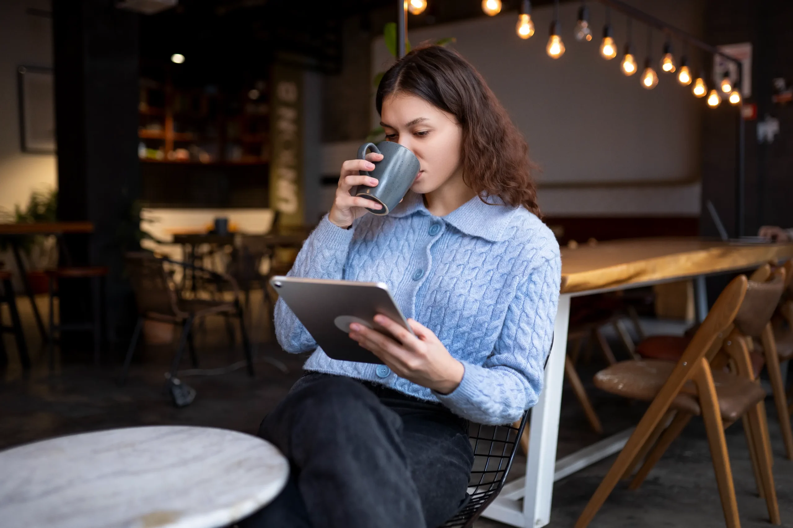 A young woman sitting in a cozy, warm-lit cafe sips a drink from a grey mug while holding a tablet. She wears a light blue knit cardigan and appears focused on reading or working on her device.