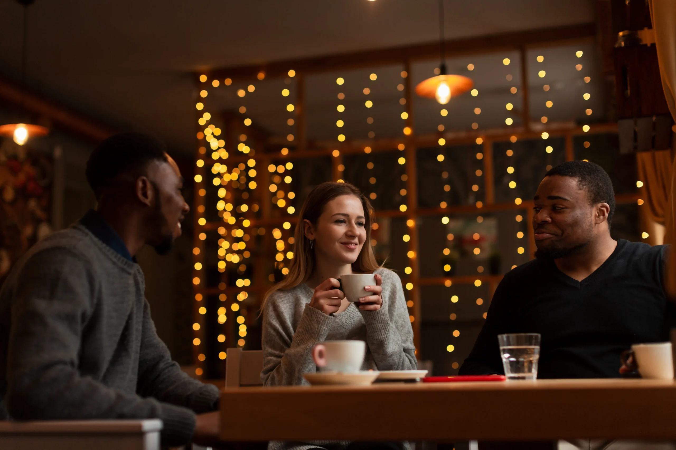 Three friends sit together at a table in a cozy café, chatting warmly while enjoying coffee. The background features warm, glowing string lights that create a soft and inviting ambiance.